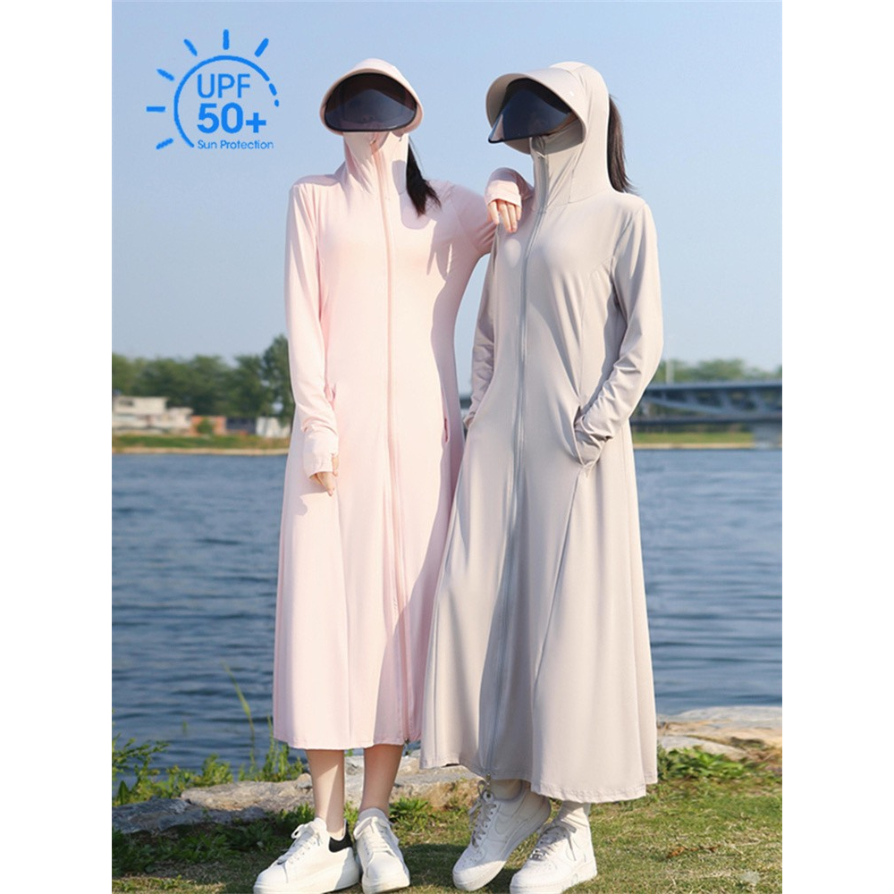 Áo chống nắng PLUM cho nữ dài tới đầu gối mỏng, thoáng khí. Áo choàng nắng có mũ che đầu, che tay chống tia cực tím