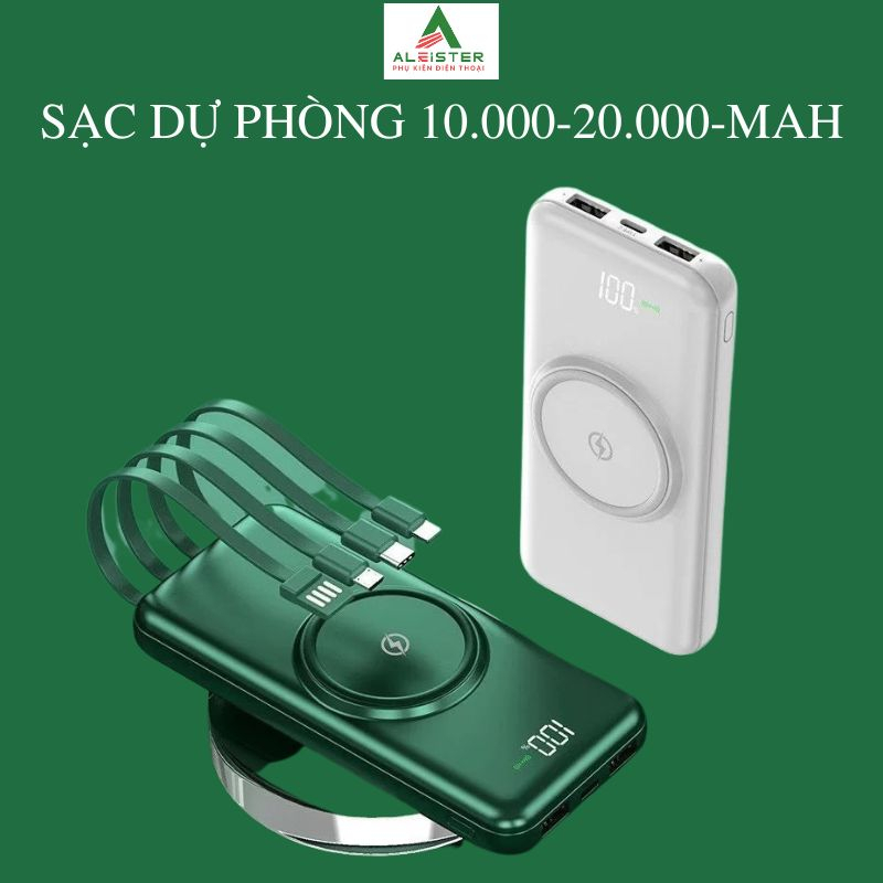 Sạc dự phòng không dây 20000mAh, kèm 4 dây sạc gắn liền sạc nhiều thiết bị cùng 1 lúc , màn hình led ,vỏ sạc chống sốc