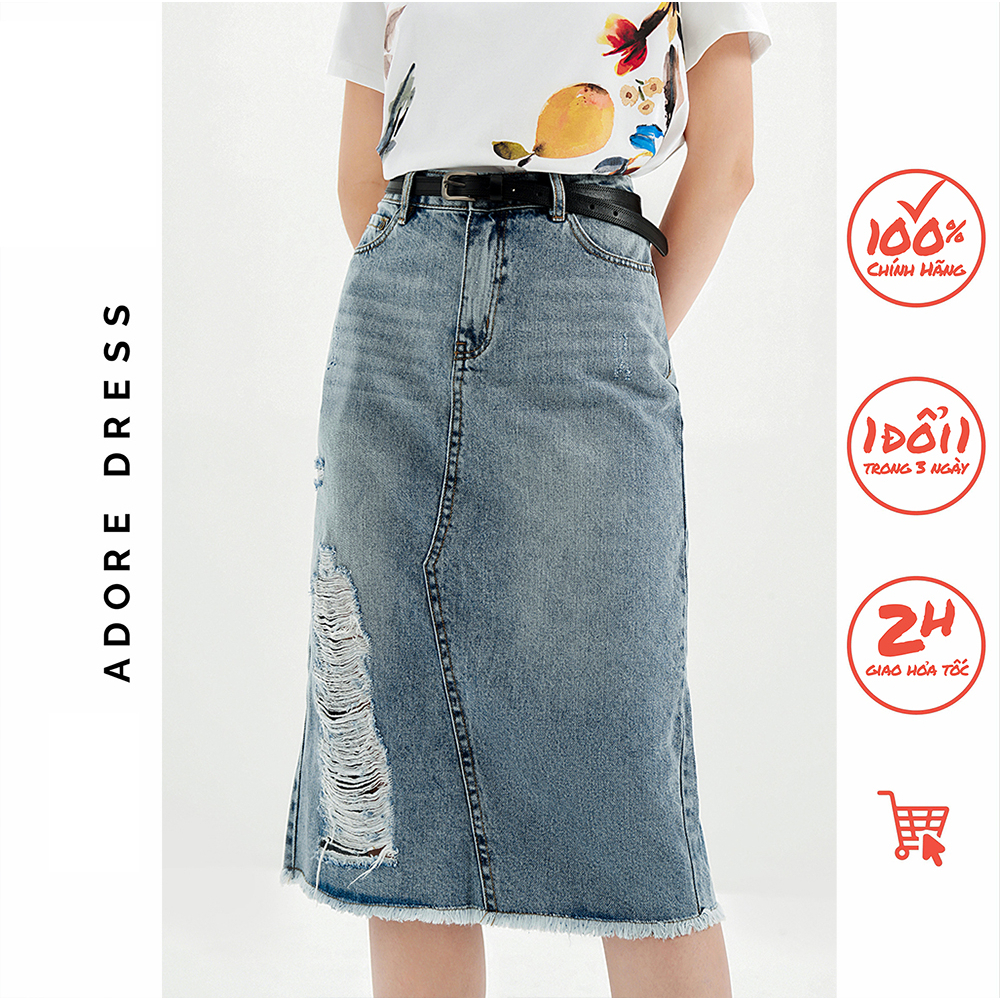 Chân váy jeans midi rách gấu 2DS3001 ADORE DRESS