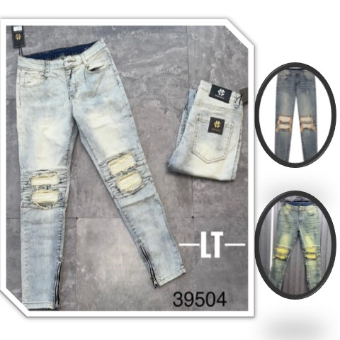 Quần JEANS Nam MIKENCO Xanh Bụi Vá Da Nhăn Quần Bò Xanh Mài Vá Gối Da MC Khóa Kéo Ống Côn Phong Cách Trẻ Trung