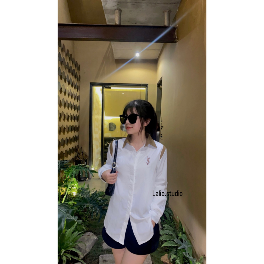 Sơ mi thêu Y.S.L phối cổ áo sơ mi nữ trắng
