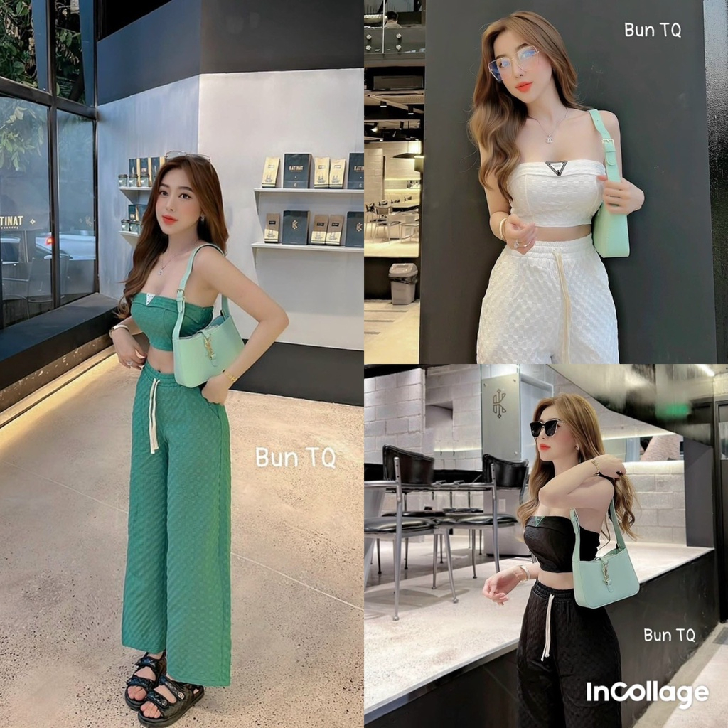 Sét bộ đồ nữ gân nổi phối áo croptop trễ vai cá tính kèm quần tôn dáng trẻ trung sang trọng thanh lịch siêu xinh 34