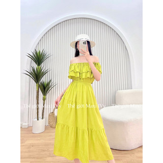 Váy maxi trễ vai Xanh Cốm siêu hot cho mùa hè (ảnh mẫu shop tự chụp)