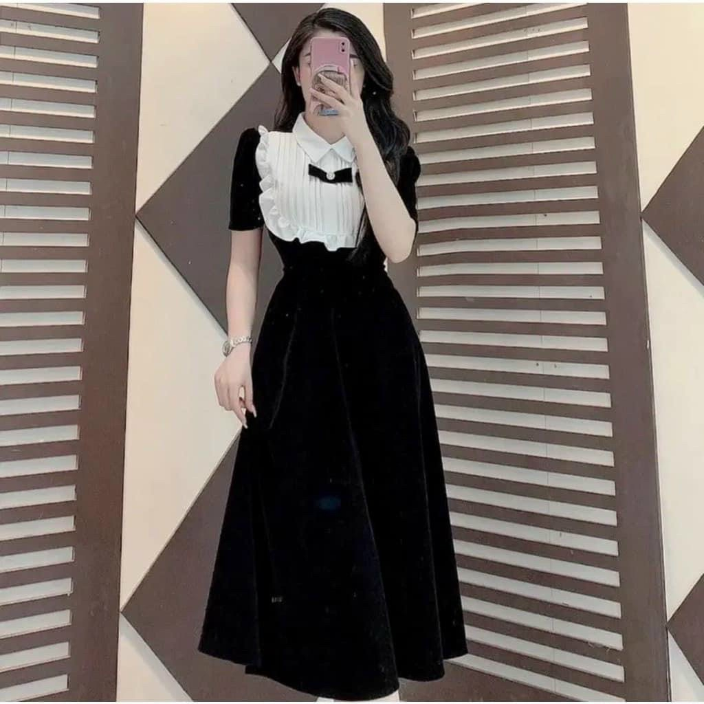 Váy đầm nữ dáng dài cổ bèo dập ly đính nơ dễ thương tay ngắn chất liệu nhung phối nơ mềm mại 40