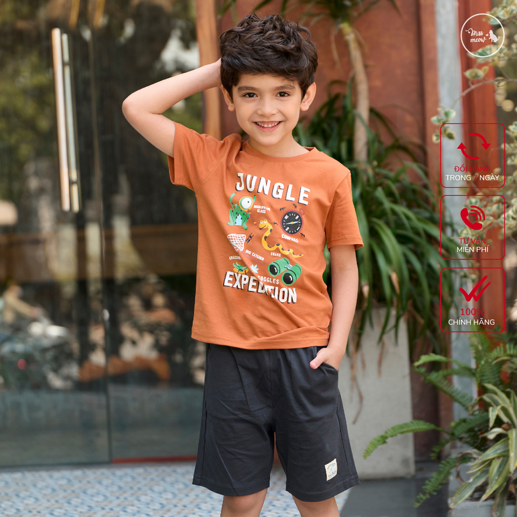 Đồ bộ quần áo bé trai cộc tay Bigfox size đại áo thun quần đùi cotton thoáng mát in Jungle cỡ trẻ em 3-11 tuổi 30kg 35kg