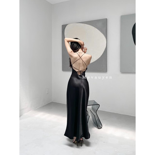 Đầm lụa cổ đỗ dây đan lưng Mevauyen