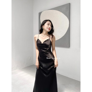 Đầm lụa cổ đỗ dây đan lưng Mevauyen