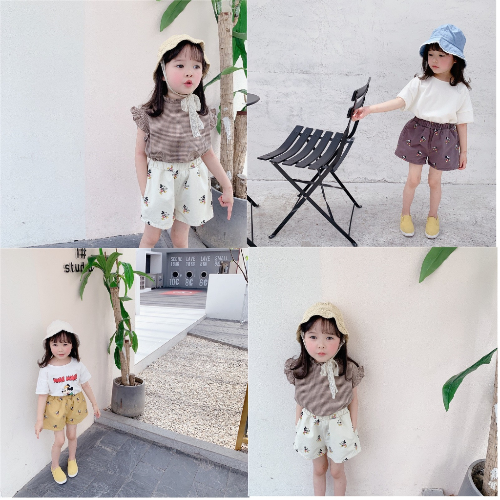 Quần sooc kaki mềm bé gái in hình mickey kiểu Hàn, quần đùi trẻ em 10-30kg