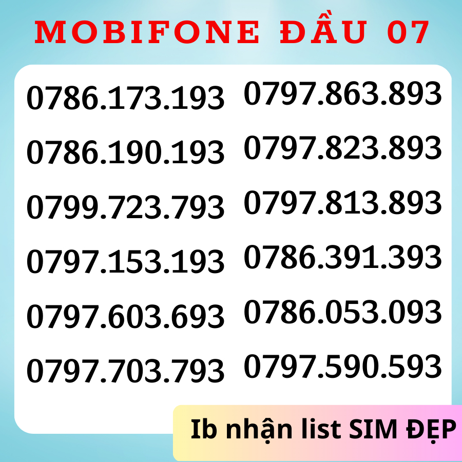 Sim Mobifone Số đẹp trả trước Đầu 077, 078, 079, Sim mobi đuôi năm sinh 93, Tam hoa 0 [Free Đăng ký Chính Chủ + ESIM]