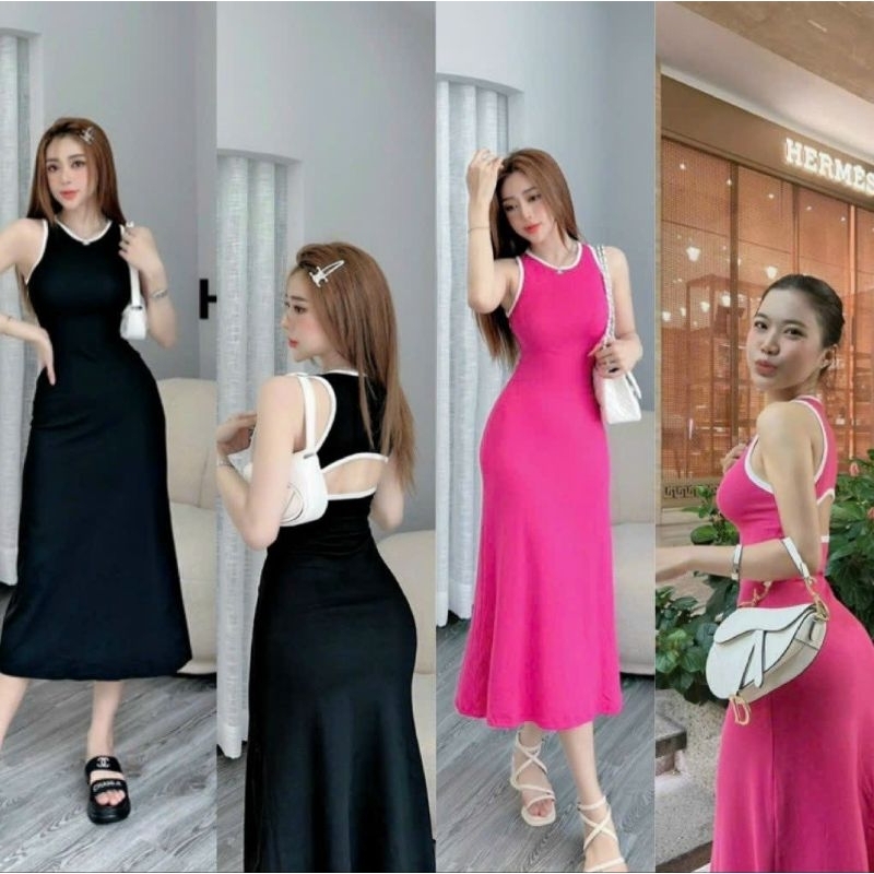 Đầm Xòe Ba Lỗ Sát Nách Cổ Tròn Viền Hở Lưng - Có Mút - Dáng Dài Maxi Ôm Body Sexy - Tiểu Thư Bánh Bèo Cute Sang Chảnh