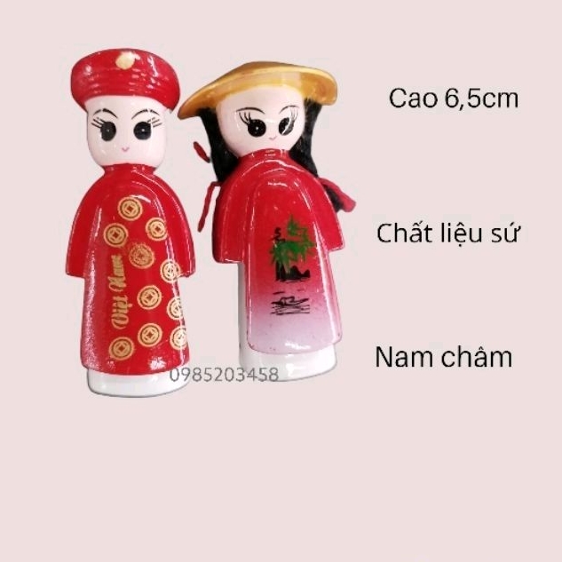 Nam châm dán tủ lạnh đôi búp bê áo dài bằng sứ - hít tủ lạnh - quà tặng Việt Nam