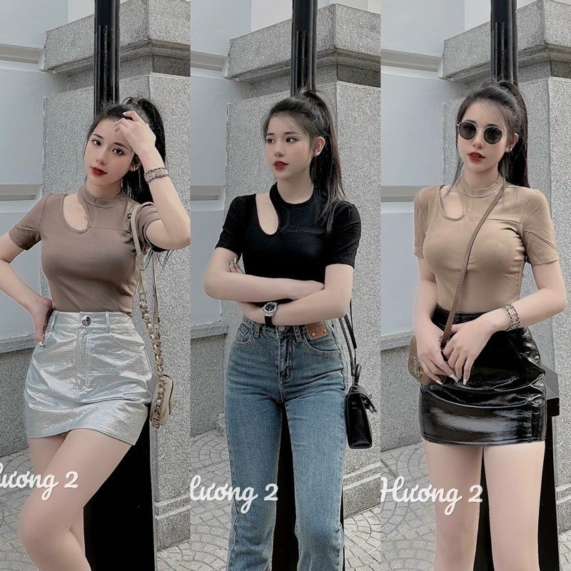 Áo ngắn tay khoét vai chất bozip co giãn phong cách Hàn Quốc