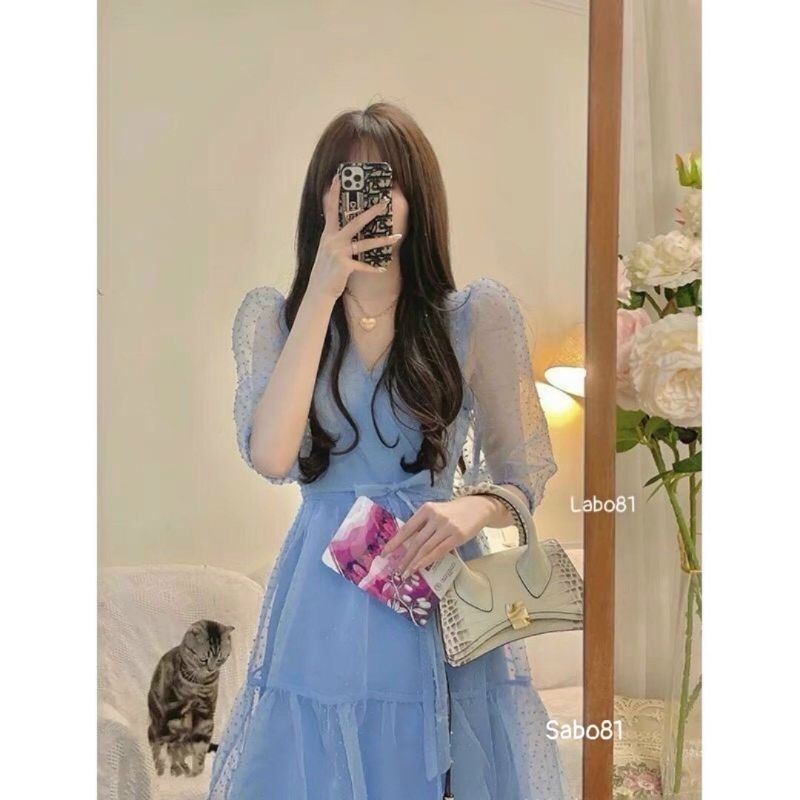 Đầm lưới QC cổ tim eo ôm dáng xòe