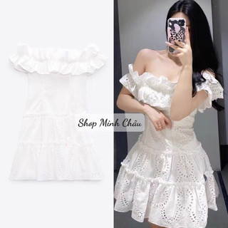 Váy trắng trễ vai thêu đục lỗ Zarraa dư sịn
