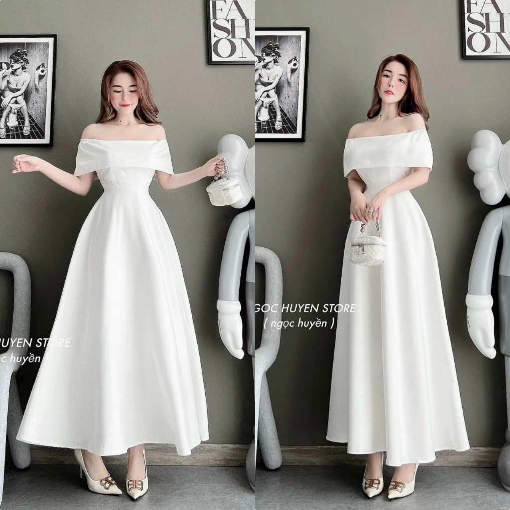 Váy đầm trắng xòe dài bẹt vai kiểu dáng tiểu thư lộng lẫy sang chảnh