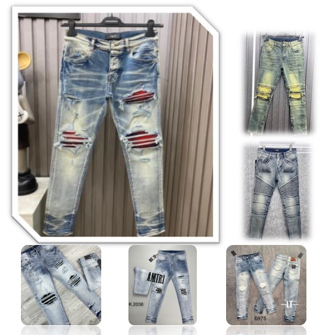 Quần JEANS Nam 4 Cúc Like_Au Xanh Wash Rách Xước Gối Vá Quần Bò Nam Xanh Nhạt Mài Bạc Gối Vá Họa Tiết Đủ Màu Cá Tính