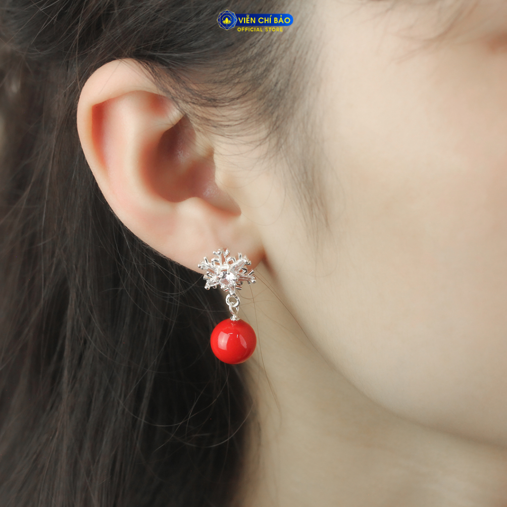 Bông tai bạc nữ bông tuyết quả cầu đỏ chất liệu bạc 925 thời trang phụ kiện trang sức nữ Viễn Chí Bảo B400543
