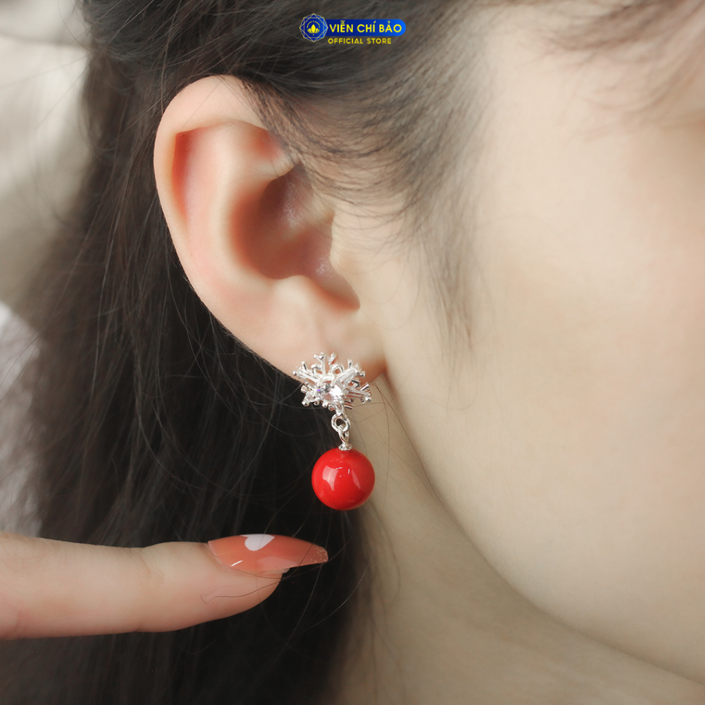 Bông tai bạc nữ bông tuyết quả cầu đỏ chất liệu bạc 925 thời trang phụ kiện trang sức nữ Viễn Chí Bảo B400543