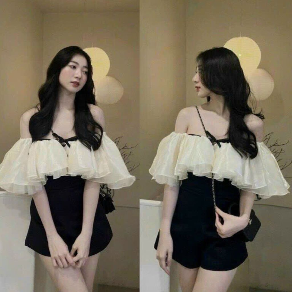 jum voan bèo hai lớp(có mút) sang chảnh dễ thương dành cho các buổi tiệc chất cotton lạnh phối voan ánh kim T762 - YADO