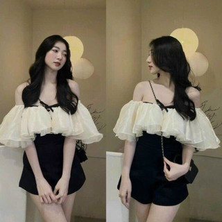 jum voan bèo hai lớp(có mút) sang chảnh dễ thương dành cho các buổi tiệc chất cotton lạnh phối voan ánh kim T762 - YADO