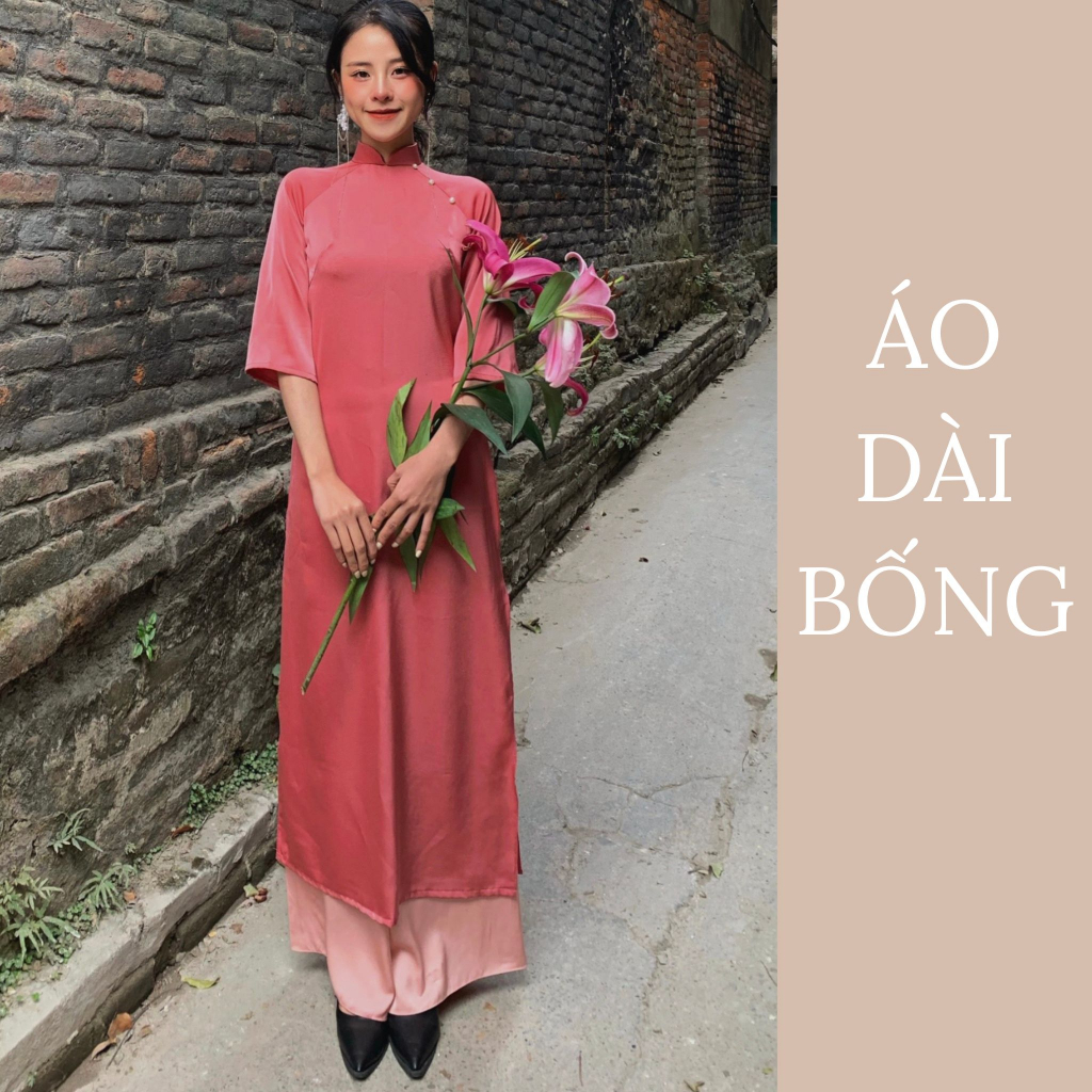 Áo dài xuông màu hồng vintage lụa kèm quần dễ thương may sẵn ( Áo dài Bích Liên)