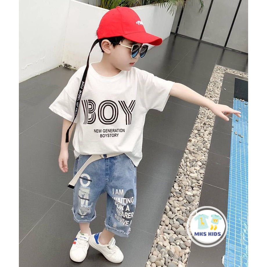 ❌Freeship❌ Set 3 chi tiết: áo thun cộc tay + quần jean + Mũ in chữ BOY cho bé trai (8-25kg), bộ quần áo mùa hè