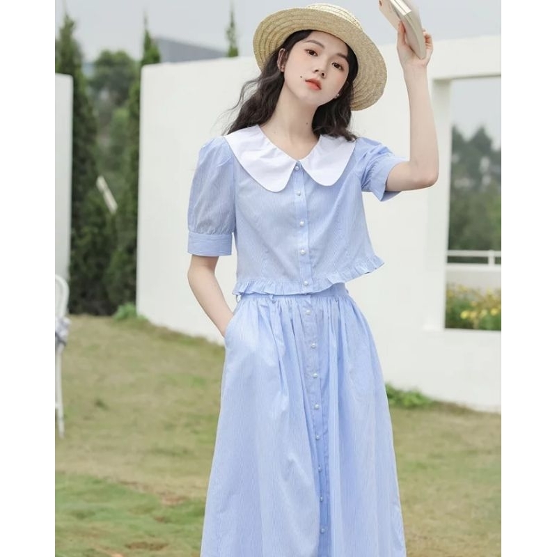 SET ĐẦM THIẾT KẾ: ÁO KIỂU CỔ SEN, CHÂN VÁY MIDI DÀI VINTAGE HÀN QUỐC SIÊU XINH