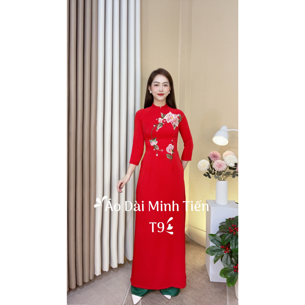 Áo Dài Lụa Mỹ Cao Cấp Họa Tiết Thêu Thủ Công Tỉ Mỉ - Mã T9