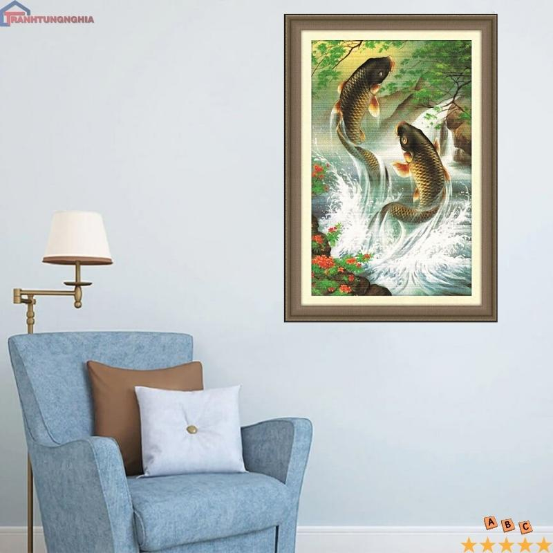 Tranh thêu chữ thập cá chép hóa rồng 51cm x 67cm