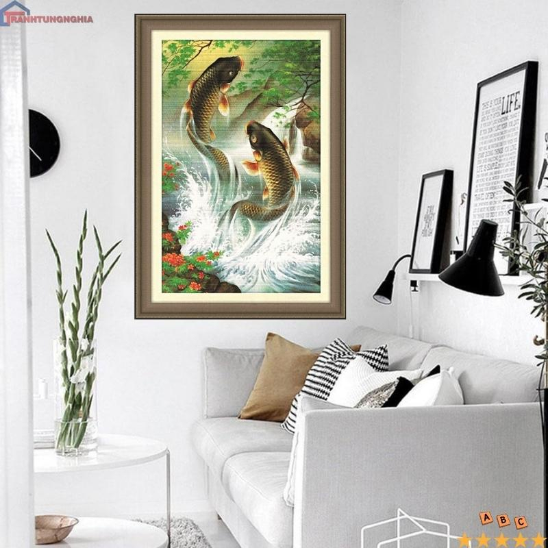 Tranh thêu chữ thập cá chép hóa rồng 51cm x 67cm