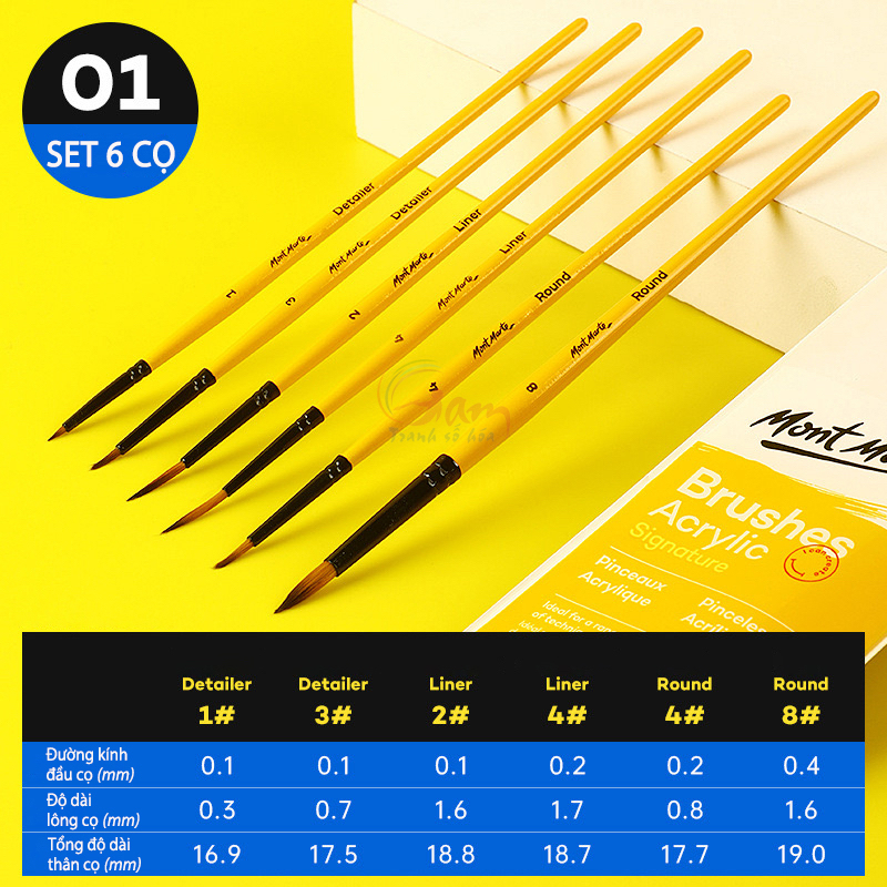 Cọ vẽ đi nét Mont Marte lông mềm siêu bền cho tranh tô màu theo số màu acrylic màu nước sơn dầu