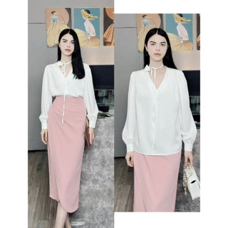 Áo lụa cổ tim tay phồng kèm dây hoa hồng mã a8