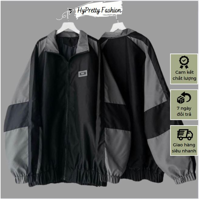 Áo khoác dù chữ WZS form rộng unisex, áo gió nam 2 lớp phối màu đen xám chì HYPRETTY AD01