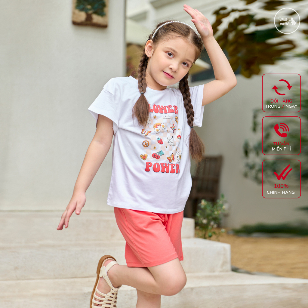 Đồ bộ bé gái Bigfox Miss Meow size đại cực xinh và đáng yêu in sticker Flower Power cỡ 3-11 tuổi 25kg 30kg