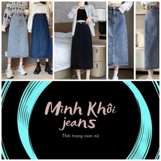 Chân váy jeans cạp cao dài quá gối