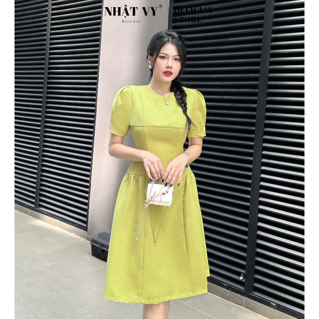 Đầm dự tiệc Nhật Vy tay phồng cổ tròn nhún bên eo cách điệu dáng xoè chất xốp rino phù hợp đi chơi cafe - D2645