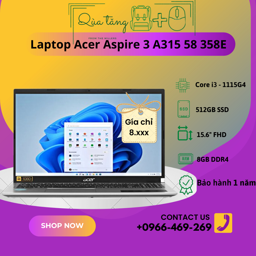 Laptop Acer Aspire 3 A315 58 382Z /core i3 -1115G4/ Ram 8GB/ 256GB/ Win11