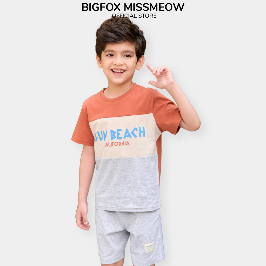 Bộ bé trai Bigfox Miss Meow, kiểu cộc tay chất cotton xuất Hàn phối màu in Sun Beach size đại 3,6,9,11 tuổi, 30kg,40kg