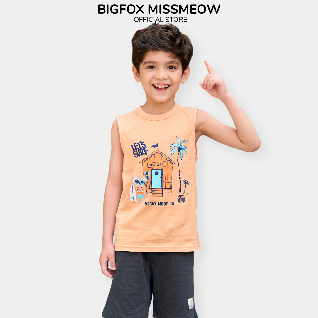 Bộ ba bé trai Bigfox Miss Meow size đại kiểu sát nách chất cotton xuất Hàn mùa hè đi biển in đẹp 3,6,9,11 tuổi 30k 40kg