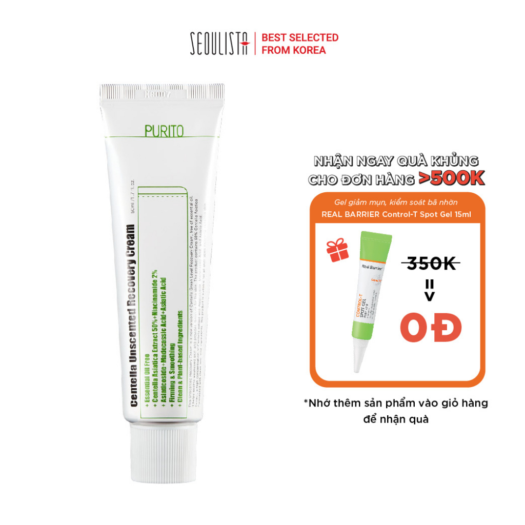 Kem dưỡng chiết xuất rau má không hương liệu PURITO Centella Unscented Recovery Cream