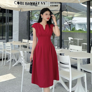Đầm dự tiệc Nhật Vy cổ xẻ cách điệu phối ngực xếp ly chiết eo dáng xoè chất lụa màu đỏ, đen sang trọng - D2692