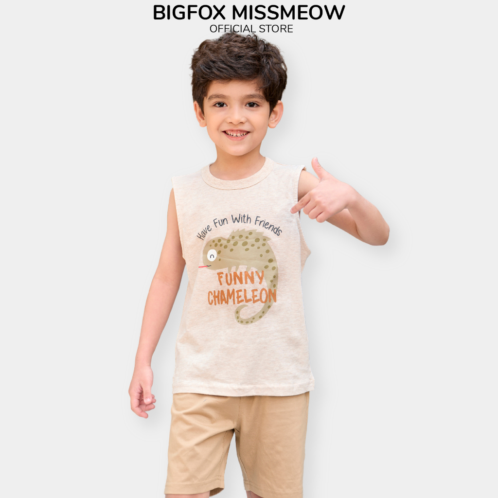 Bộ đồ ba lỗ hè bé trai Bigfox Miss Meow size đại Chameleon chất cotton sát nách mặc hè đi biển 3,6,9,11 tuổi 30kg 40kg