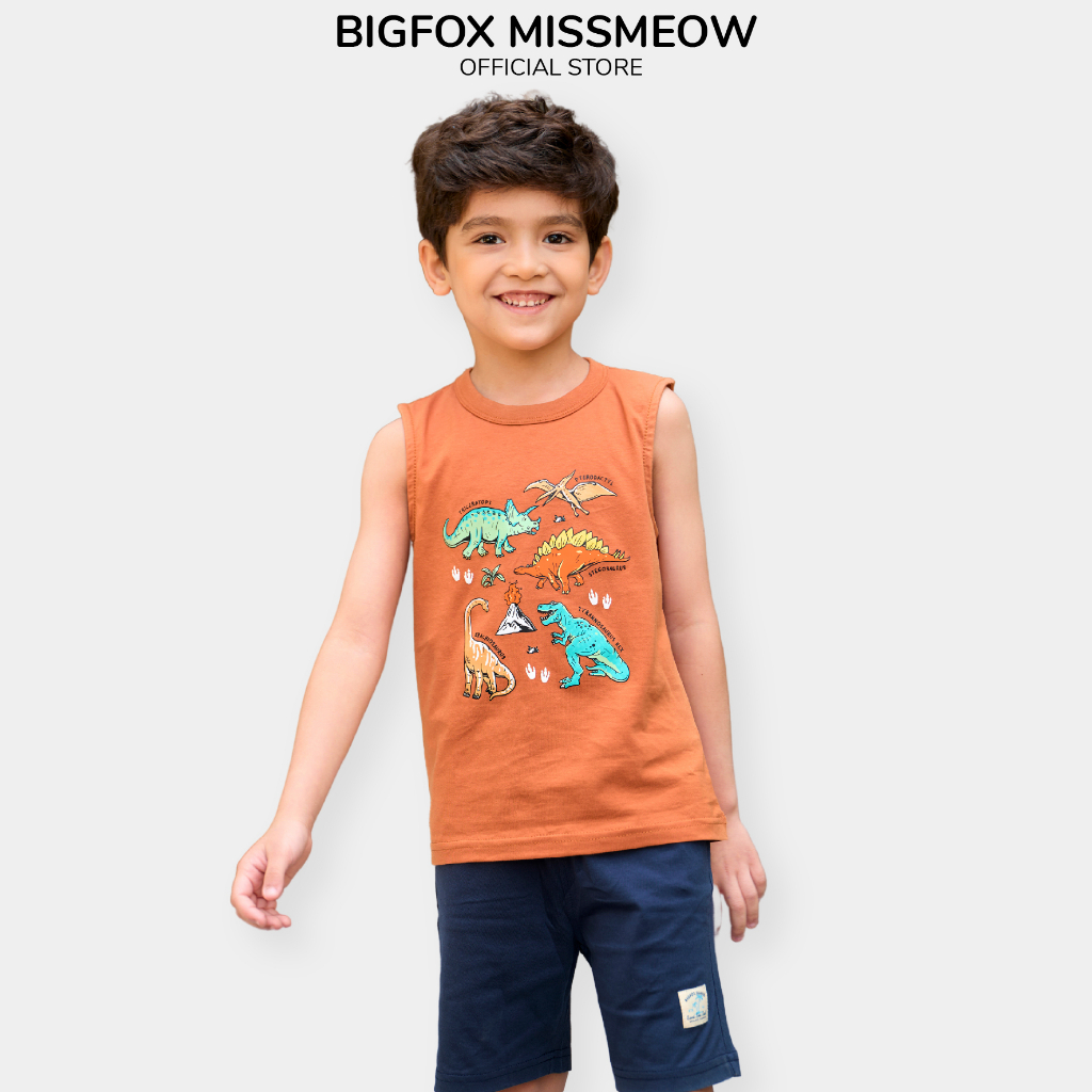 Bộ bé trai sát nách size đại Bigfox Miss Meow chất cotton, ba lỗ in Khủng long mùa hè đi biển 3,6,9,11 tuổi 30kg 40kg