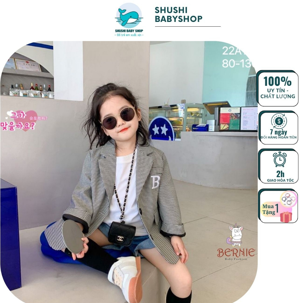 Áo vest bé gái blazer caro đen phong cách sành điệu cho bé đi tiệc, đi chơi size từ 9 tới 24kg Shushibaby