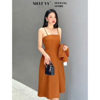 Đầm 2 dây đi chơi Nhật Vy dáng xoè chất lụa màu nâu, đen phù hợp cafe dạo phối sang chảnh - D2682