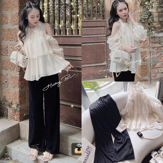 Set áo yếm voan bèo tay trễ dài kèm quần suông lưng thun rút dây freesize Pumi 14365