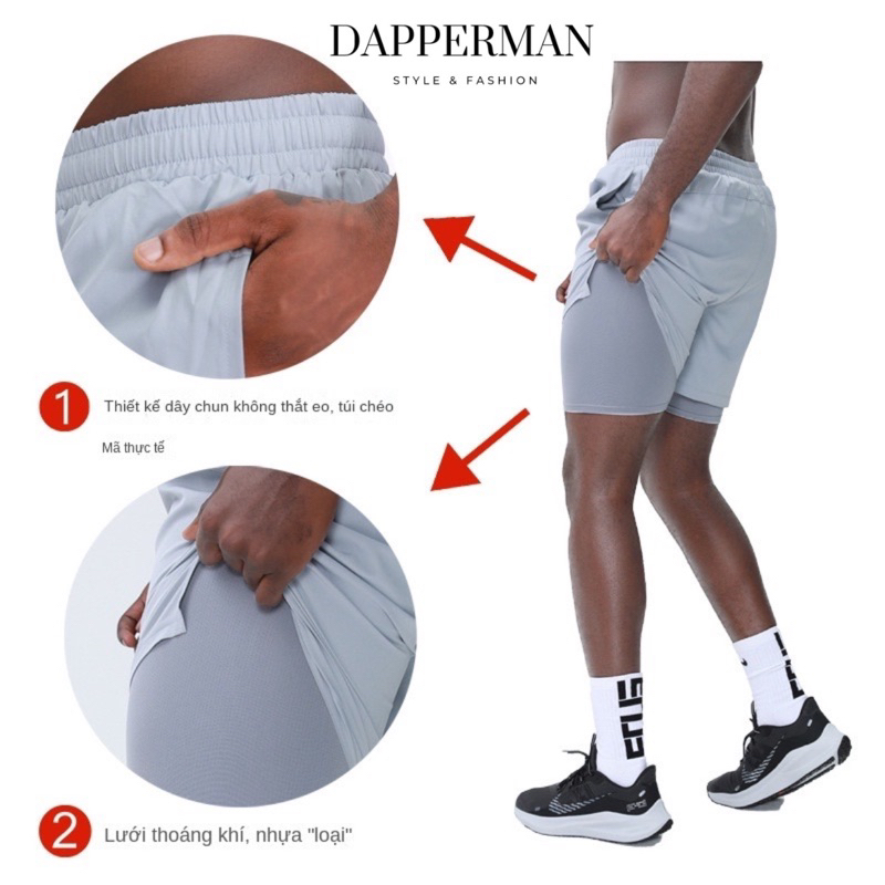 Quần đùi thể thao nam 2 lớp - short đùi và lớp legging lót bên trong hỗ trợ đạp xe hoặc chạy bộ DAPPERMAN
