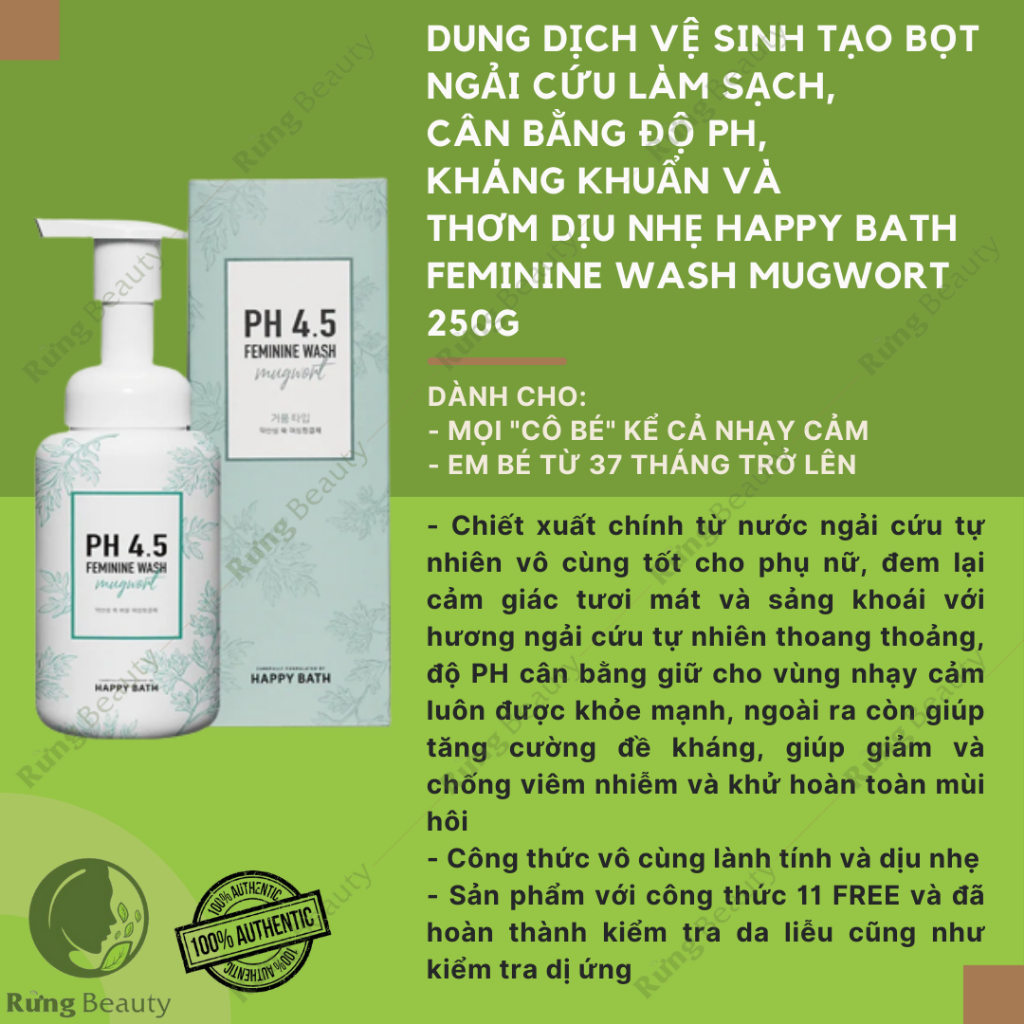 DUNG DỊCH VỆ SINH TẠO BỌT NGẢI CỨU LÀM SẠCH, CÂN BẰNG ĐỘ PH, KHÁNG KHUẨN VÀ THƠM DỊU NHẸ HAPPY BATH FEMININE WASH MUGWOR
