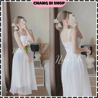 Đầm trắng dự tiệc - Váy 2 dây xẻ ngực , có MÚT , 2 lớp dày dặn dáng xòe nhẹ nhàng, sang trọng Chang Bi Shop