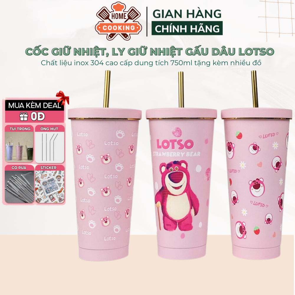 Ly giữ nhiệt, cốc giữ nhiệt gấu dâu LOTSO, dung tích 750ml chất liệu inox 304 giữ nhiệt từ 8-12 giờ tặng kèm ống hút túi